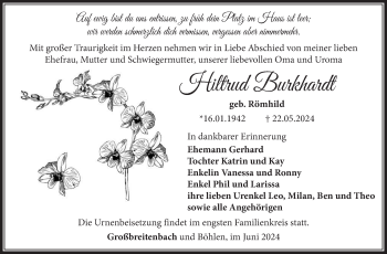 Traueranzeige von Hiltrud Burkhardt von Südthüringer Presse