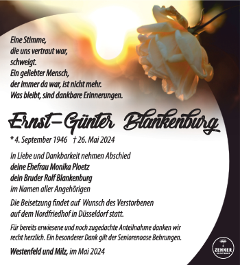 Traueranzeige von Ernst-Günter Blankenburg von Südthüringer Presse