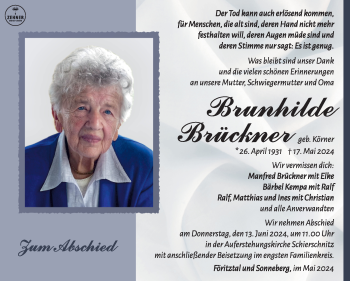 Traueranzeige von Brunhilde Brückner von Südthüringer Presse