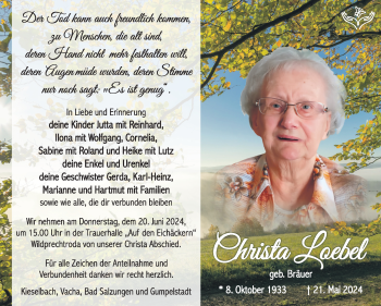 Traueranzeige von Christa Loebel von Südthüringer Presse
