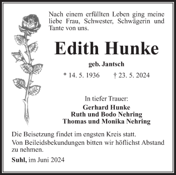 Traueranzeige von Edith Hunke von Südthüringer Presse