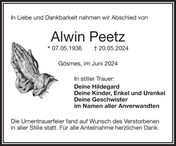 Traueranzeige von Alwin Peetz von Frankenpost