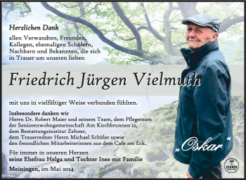 Traueranzeige von Friedrich Vielmuth von Südthüringer Presse