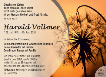 Traueranzeige von Harald Vollmer von Südthüringer Presse