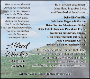Traueranzeige von Alfred Dücker von Südthüringer Presse