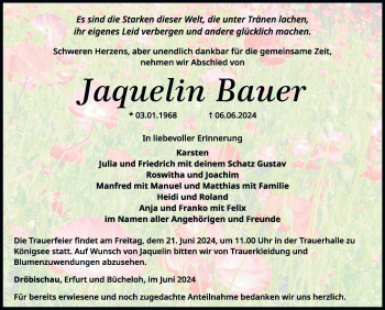 Traueranzeige von Jaquelin Bauer von Südthüringer Presse