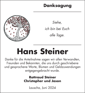 Traueranzeige von Hans Steiner von Südthüringer Presse