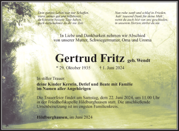 Traueranzeige von Gertrud Fritz von Südthüringer Presse