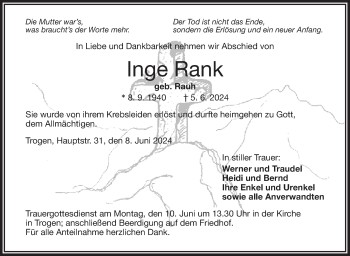 Traueranzeige von Inge Rank von Frankenpost