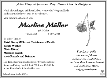 Traueranzeige von Marlies Müller von Südthüringer Presse