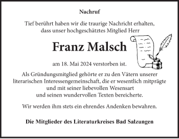 Traueranzeige von Franz Malsch von Südthüringer Presse