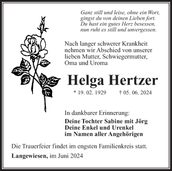 Traueranzeige von Helga Hertzer von Südthüringer Presse