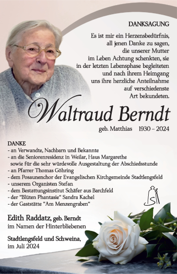 Traueranzeige von Waltraud Berndt von Südthüringer Presse
