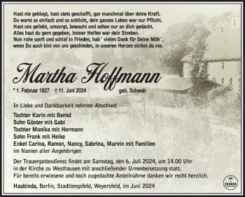 Traueranzeige von Martha Hoffmann von Südthüringer Presse