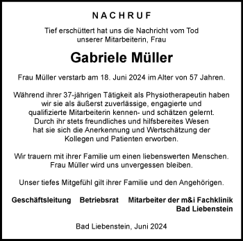 Traueranzeige von Gabriele Müller von Südthüringer Presse