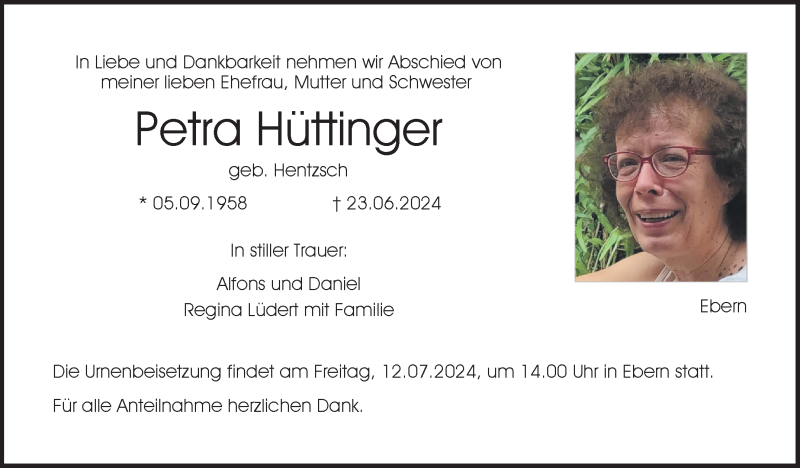  Traueranzeige für Petra Hüttinger vom 06.07.2024 aus Neue Presse Coburg