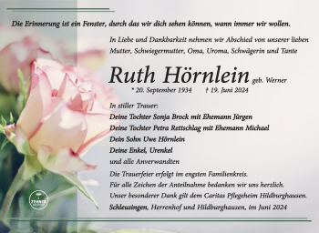 Traueranzeige von Ruth Hörnlein von Südthüringer Presse