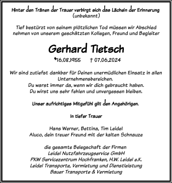 Traueranzeige von Gerhard Tietsch von Frankenpost