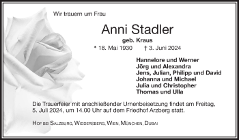 Traueranzeige von Anni Stadler von Frankenpost