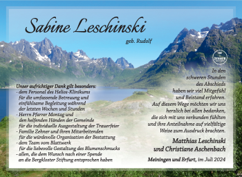 Traueranzeige von Sabine Leschinski von Südthüringer Presse