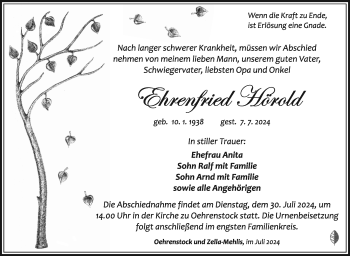 Traueranzeige von Ehrenfried Hörold von Südthüringer Presse