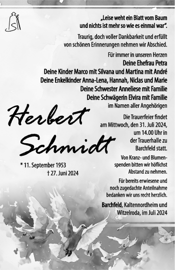 Traueranzeige von Herbert Schmidt von Südthüringer Presse