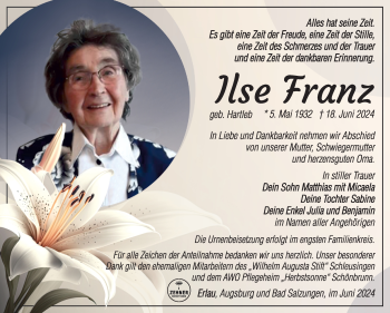 Traueranzeige von Ilse Franz von Südthüringer Presse