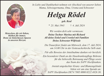 Traueranzeige von Helga Rödel von Frankenpost