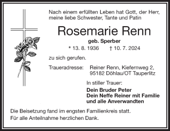 Traueranzeige von Rosemarie Renn von Frankenpost