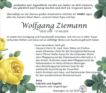 Traueranzeige von Wolfgang Ziemann von Südthüringer Presse