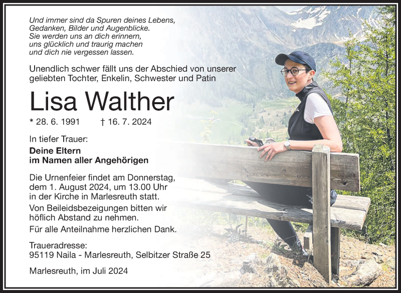  Traueranzeige für Lisa Walther vom 27.07.2024 aus Frankenpost
