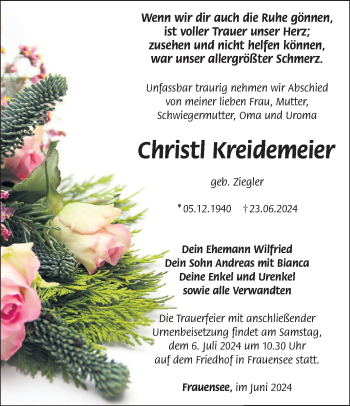 Traueranzeige von Christl Kreidemeier von Südthüringer Presse