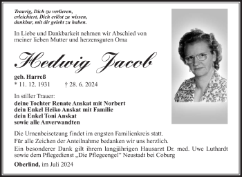 Traueranzeige von Hedwig Jacob von Südthüringer Presse