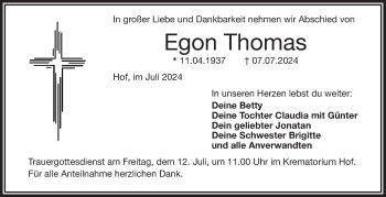 Traueranzeige von Egon Thomas von Frankenpost