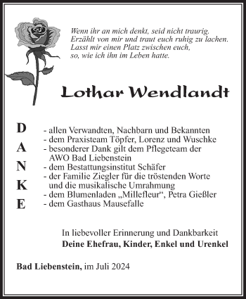 Traueranzeige von Lothar Wendlandt von Südthüringer Presse