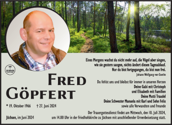 Traueranzeige von Fred Göpfert von Südthüringer Presse