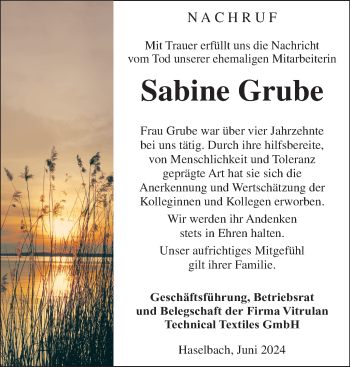 Traueranzeige von Sabine Grube von Südthüringer Presse