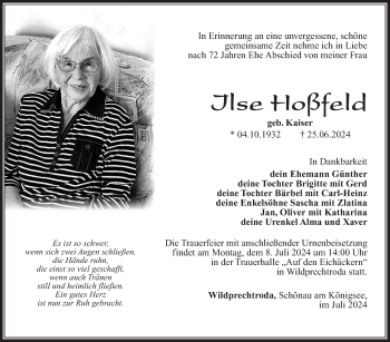 Traueranzeige von Ilse Hoßfeld von Südthüringer Presse