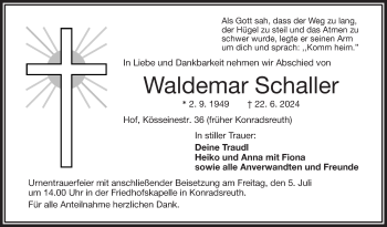 Traueranzeige von Waldemar Schaller von Frankenpost