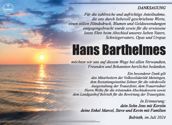 Traueranzeige von Hans Barthelmes von Südthüringer Presse