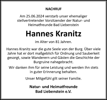 Traueranzeige von Hannes Kranitz von Südthüringer Presse