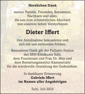 Traueranzeige von Dieter Iffert von Südthüringer Presse