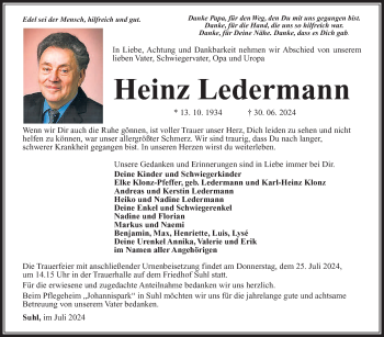 Traueranzeige von Heinz Ledermann von Südthüringer Presse