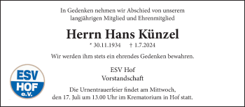 Traueranzeige von Hans Künzel von Frankenpost