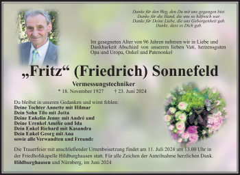 Traueranzeige von Fritz Sonnefeld von Südthüringer Presse