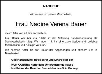 Traueranzeige von Nadine Verena Bauer von Neue Presse Coburg
