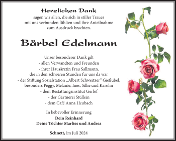 Traueranzeige von Bärbel Edelmann von Südthüringer Presse