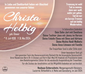 Traueranzeige von Christa Helbig von Südthüringer Presse