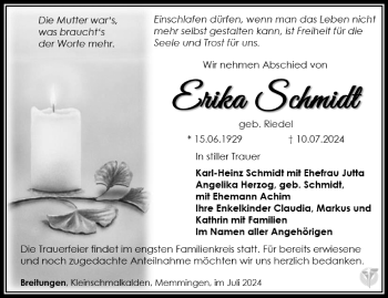 Traueranzeige von Erika Schmidt von Südthüringer Presse