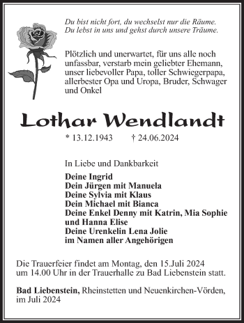 Traueranzeige von Lothar Wendlandt von Südthüringer Presse